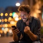 A smiling man sits outdoors at night, looking at his phone and clenching his fist in excitement. Blurred city lights glow in the background, creating a warm, festive atmosphere.