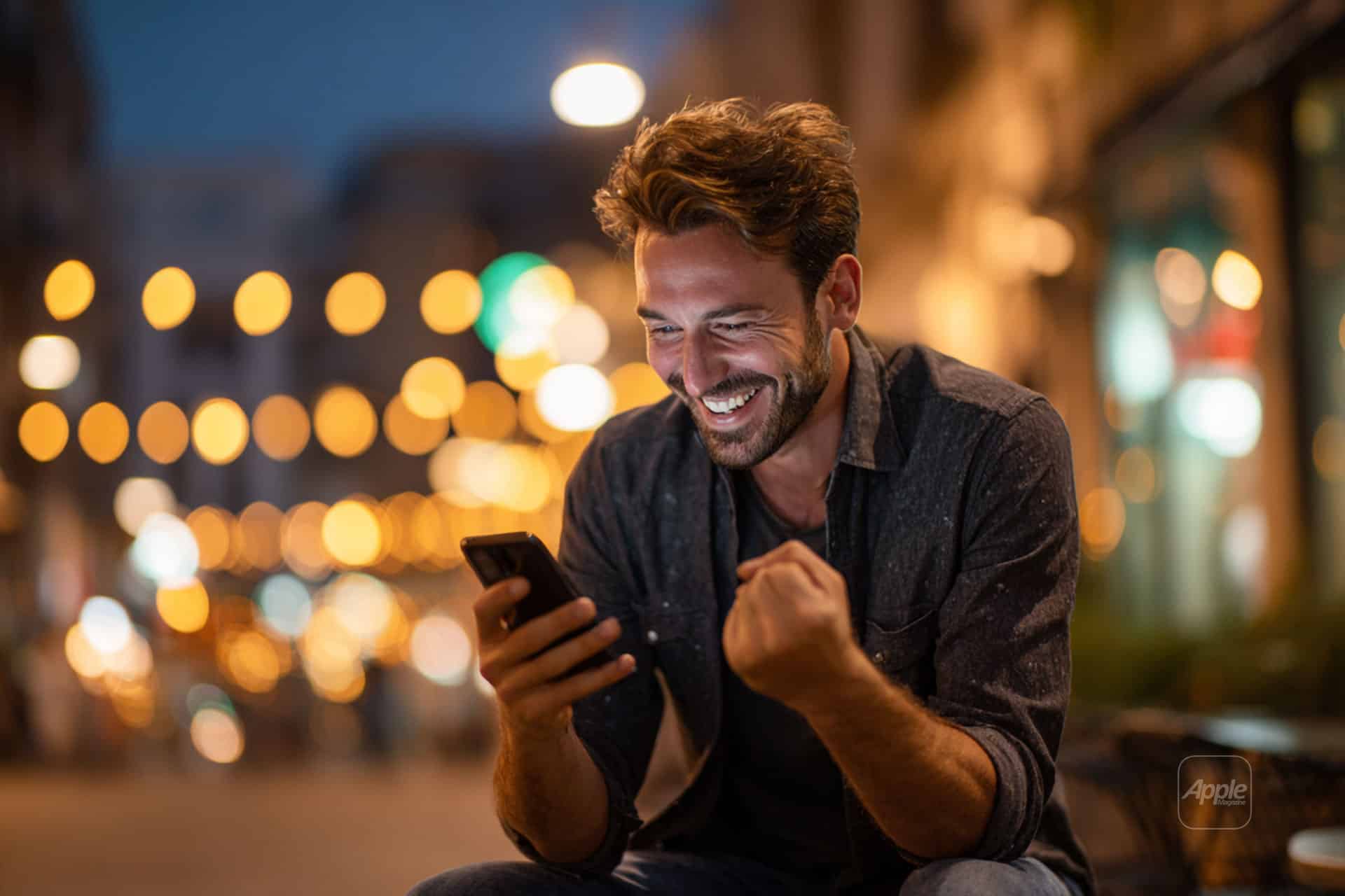 A smiling man sits outdoors at night, looking at his phone and clenching his fist in excitement. Blurred city lights glow in the background, creating a warm, festive atmosphere.