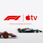 Three blurred Formula 1 cars race across the bottom of the image. Above them, the F1 and Apple TV logos appear with the text “Official U.S. Broadcaster of Formula 1,” highlighting the Apple Formula 1 broadcast partnership.