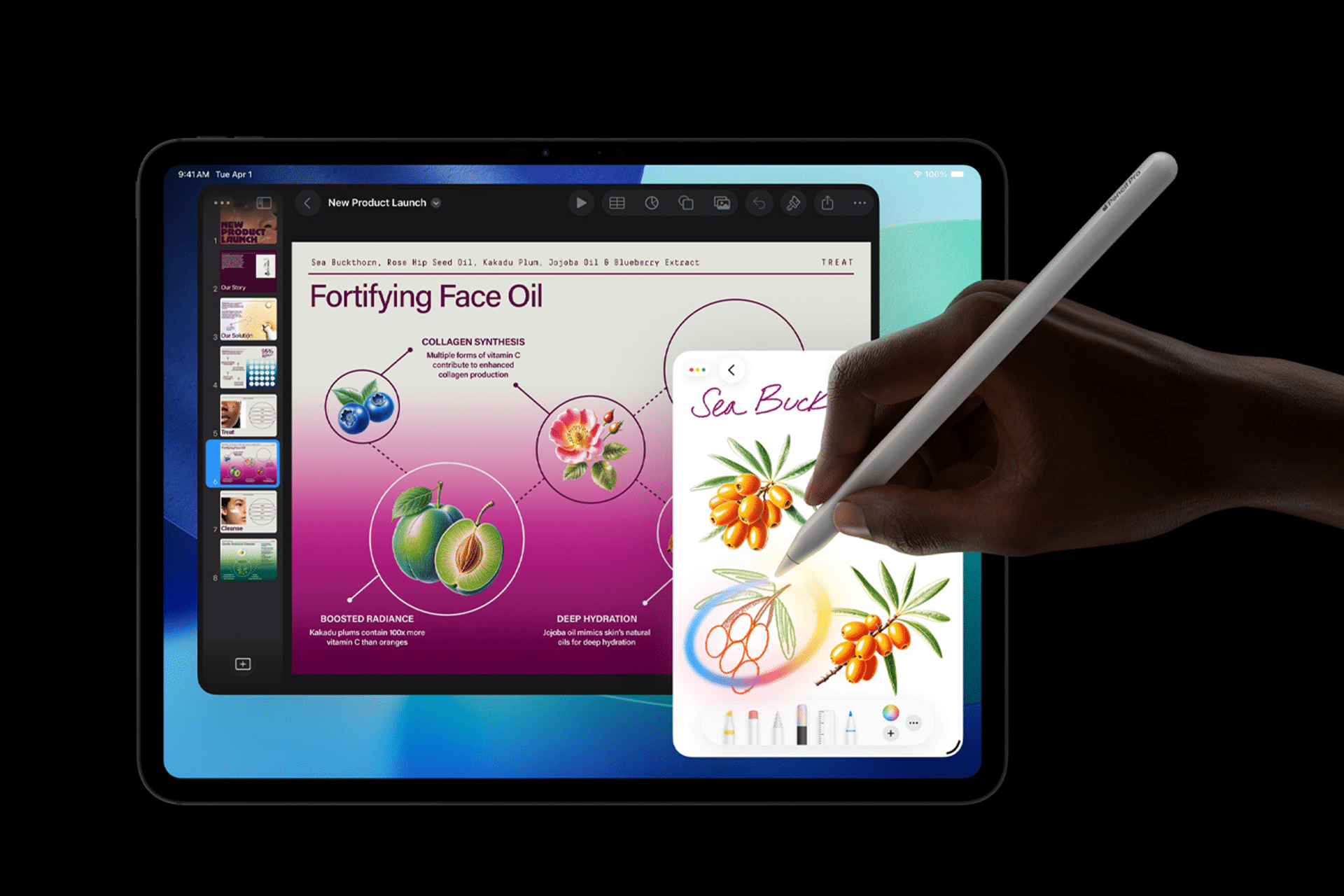 A hand uses a stylus to draw fruit on a tablet from the M5 lineup. The screen displays a digital illustration of sea buckthorn berries, while another window shows a presentation about face oil ingredients—demonstrating iPad innovation.