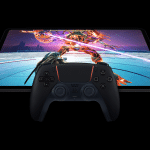 A black gaming controller is positioned in front of an M5 lineup iPad, displaying a futuristic action video game with vibrant colors and a dynamic battle scene, showcasing true innovation in mobile gaming.