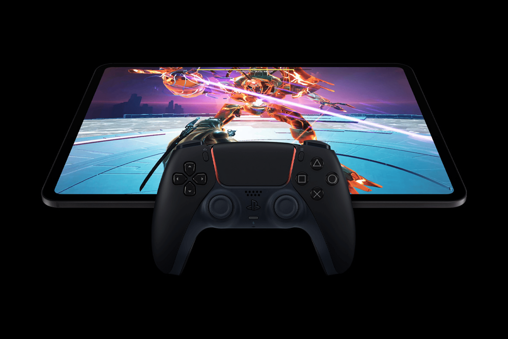 A black gaming controller is positioned in front of an M5 lineup iPad, displaying a futuristic action video game with vibrant colors and a dynamic battle scene, showcasing true innovation in mobile gaming.