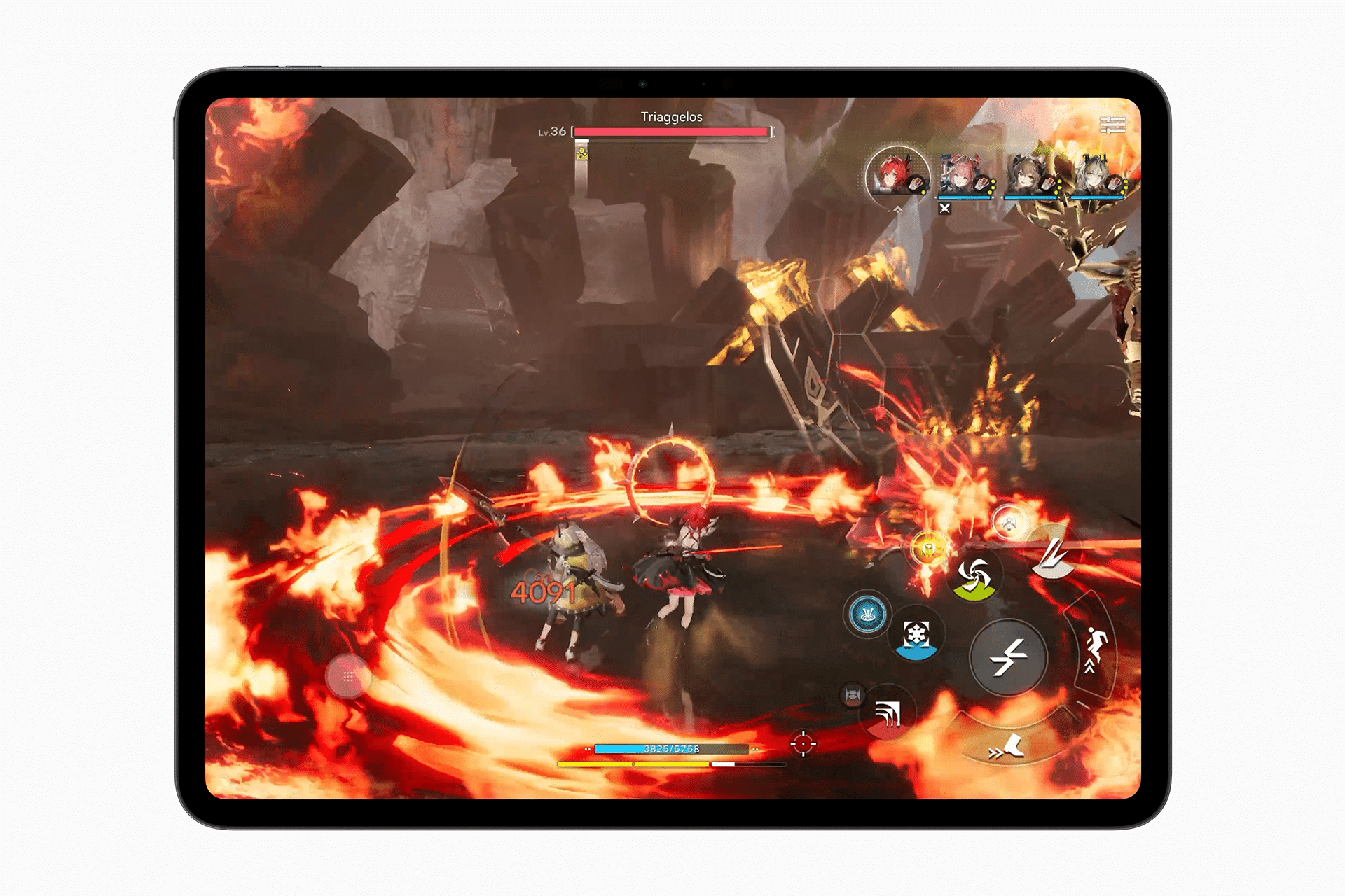 A tablet powered by M5 chip performance displays an action-packed fantasy game battle scene, with two characters fighting a large enemy amid swirling red and orange fire effects, surrounded by various game controls and icons.