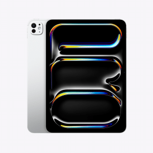 A silver tablet from the M5 lineup with a black screen displaying colorful, abstract, glossy shapes in blue, yellow, and orange hues sits on a plain white background. The tablet’s rear camera is visible, showcasing modern iPad innovation.