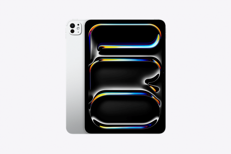 A silver tablet from the M5 lineup with a black screen displaying colorful, abstract, glossy shapes in blue, yellow, and orange hues sits on a plain white background. The tablet’s rear camera is visible, showcasing modern iPad innovation.