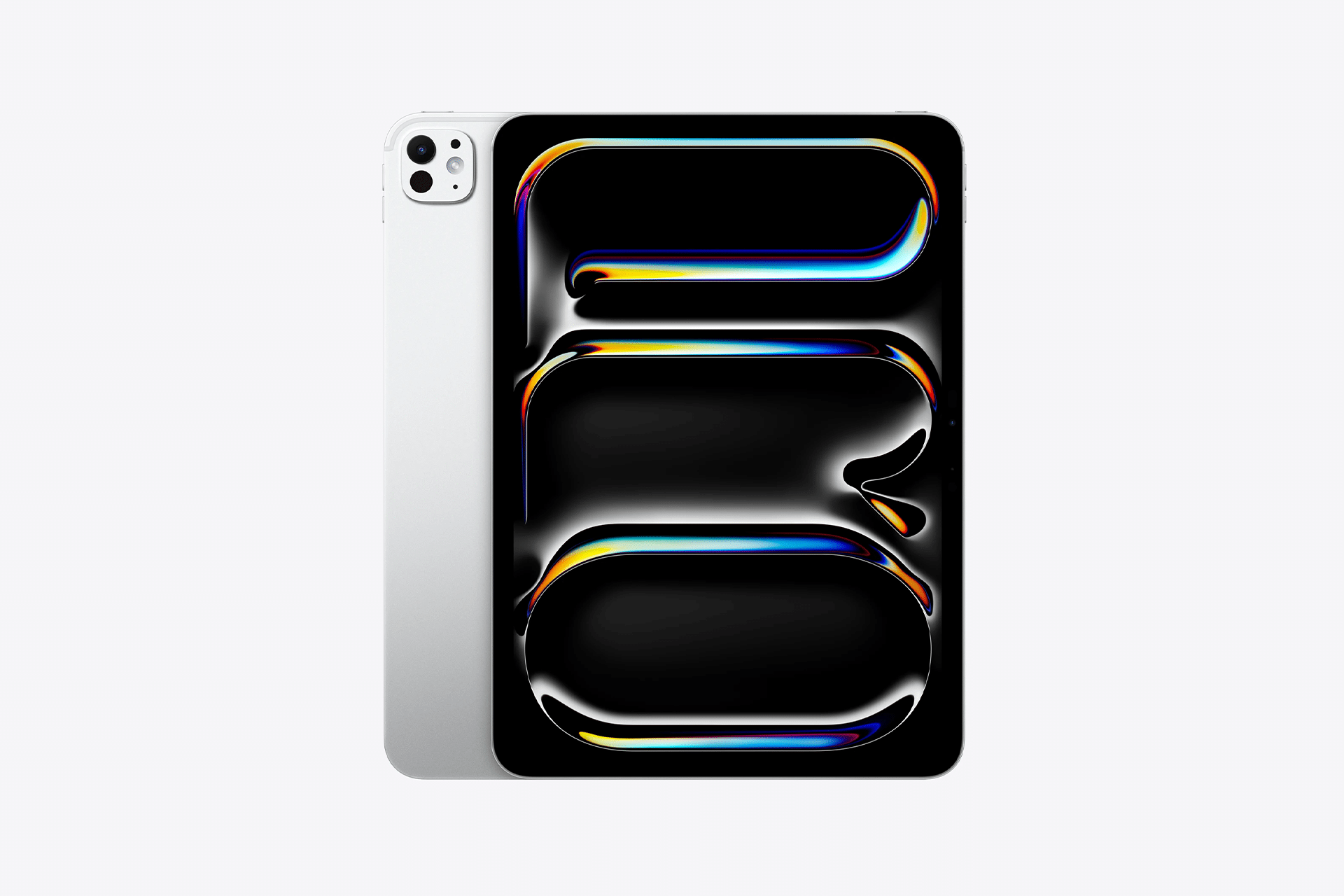 A silver tablet from the M5 lineup with a black screen displaying colorful, abstract, glossy shapes in blue, yellow, and orange hues sits on a plain white background. The tablet’s rear camera is visible, showcasing modern iPad innovation.