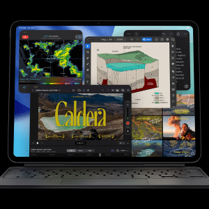 A tablet from the M5 lineup with a keyboard displays multiple overlapping app windows, including a weather radar map, a 3D geological diagram, a video titled "Caldera," and a photo gallery featuring volcanoes and landscapes.