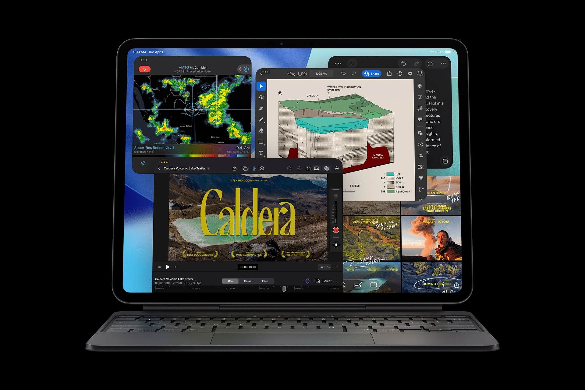 A tablet from the M5 lineup with a keyboard displays multiple overlapping app windows, including a weather radar map, a 3D geological diagram, a video titled "Caldera," and a photo gallery featuring volcanoes and landscapes.