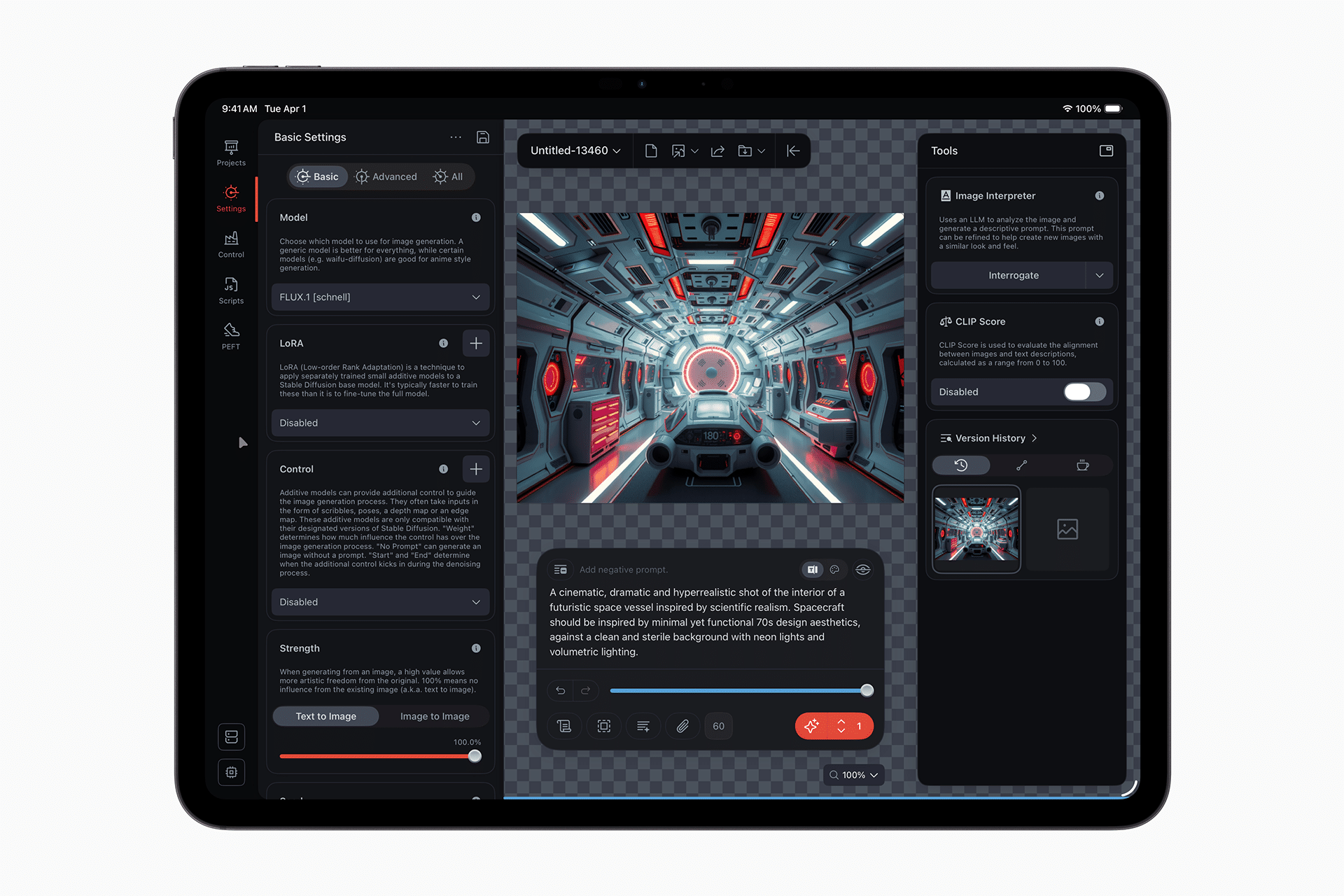 A tablet screen displays a digital art app with an AI-generated sci-fi car interior image in the center. Showcasing iPad innovation, the interface features various settings, controls, and tools surrounding the main artwork.