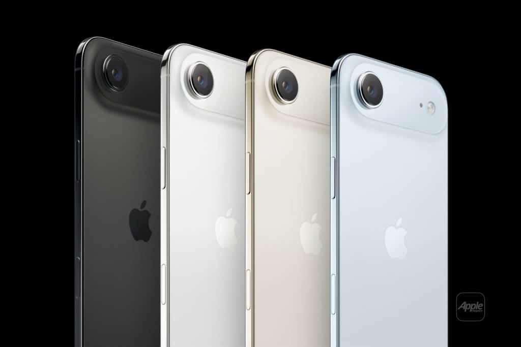 Four Apple iPhones in black, white, gold, and blue stand upright in a row, showcasing their rear sides and single rear cameras against a black background—perfect for an iPhone 17 Air display test.