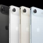 Four Apple iPhones in black, white, gold, and blue stand upright in a row, showcasing their rear sides and single rear cameras against a black background—perfect for an iPhone 17 Air display test.