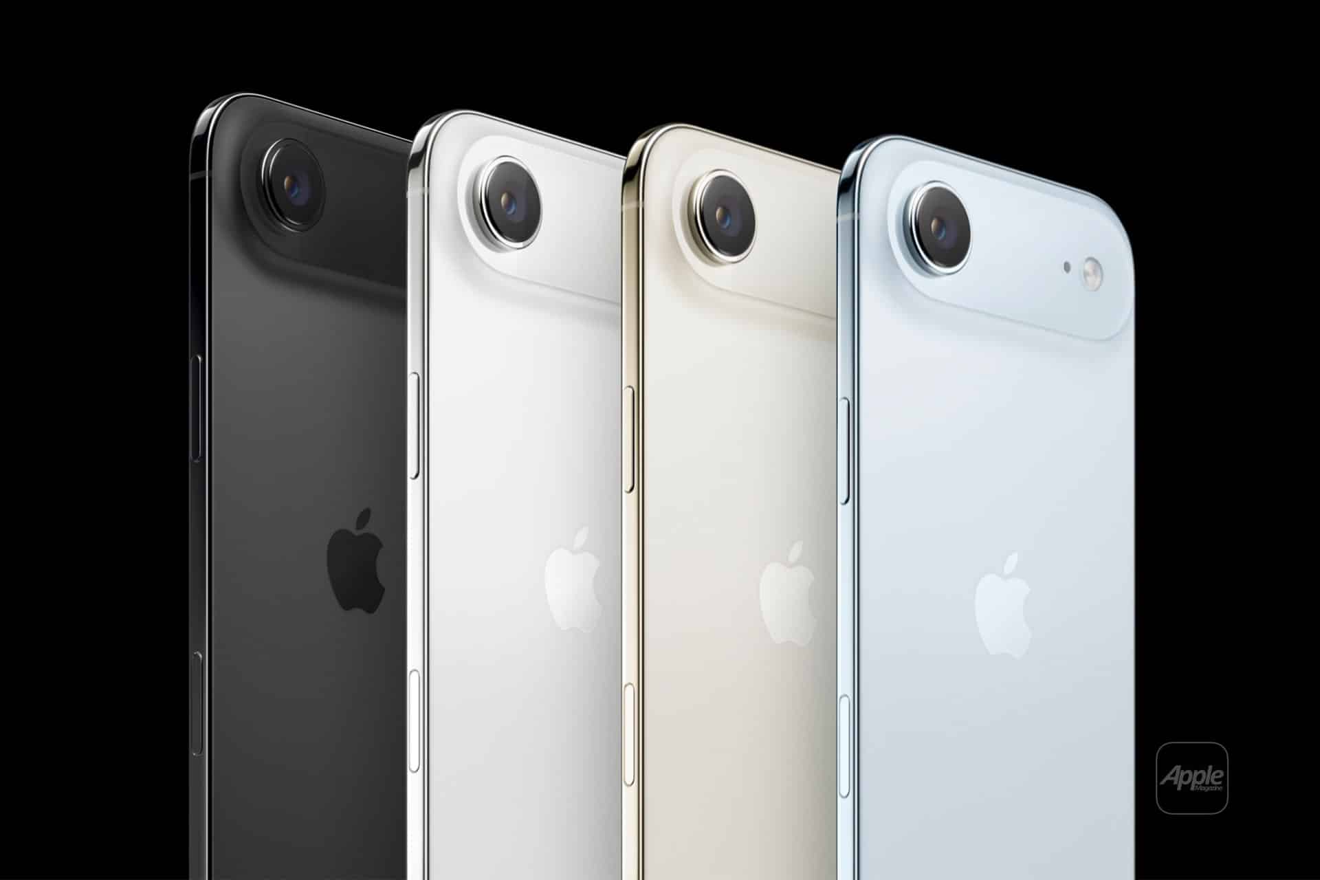 Four Apple iPhones in black, white, gold, and blue stand upright in a row, showcasing their rear sides and single rear cameras against a black background—perfect for an iPhone 17 Air display test.