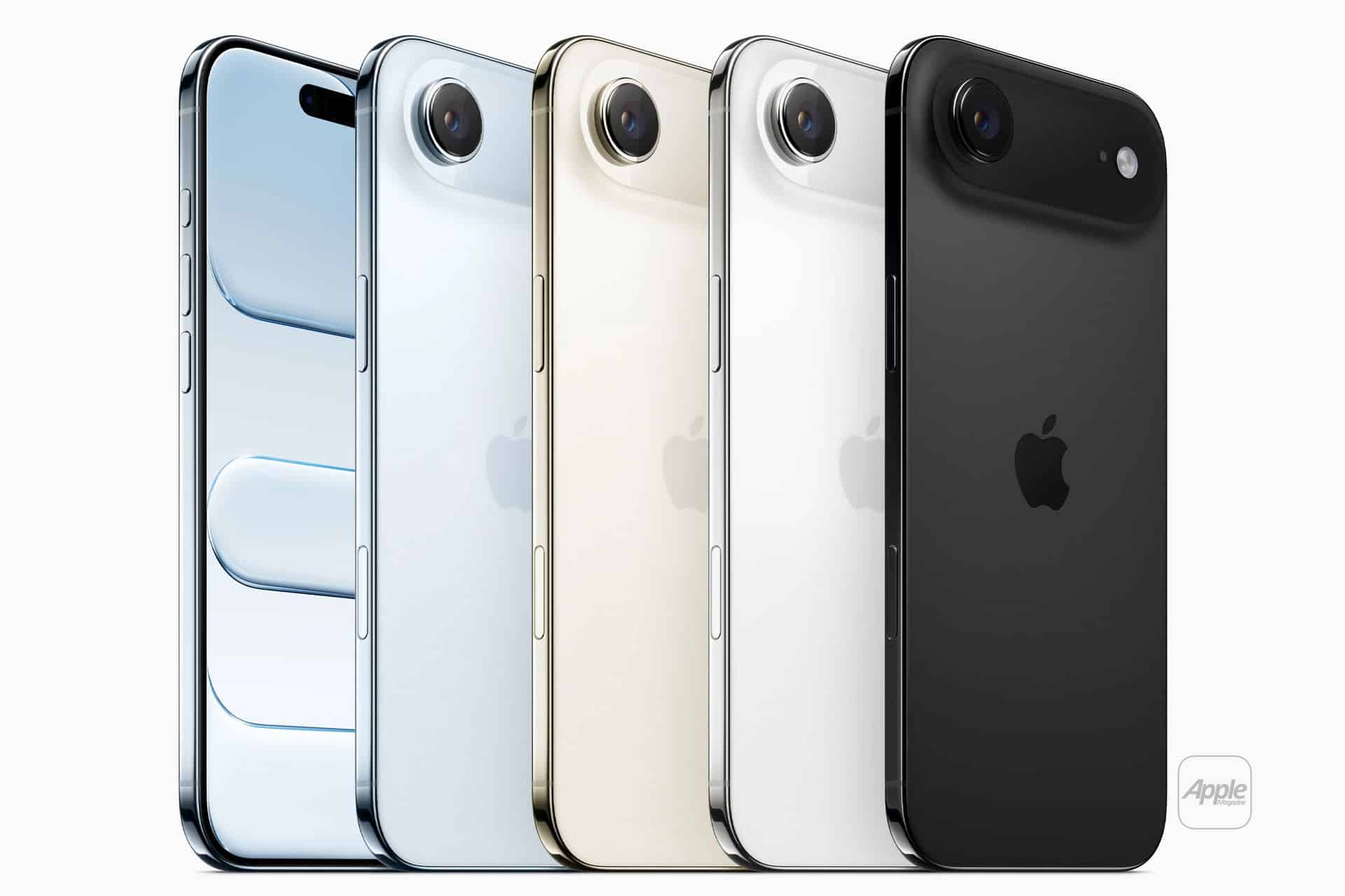 Four Apple iPhones, featured in silver, blue, gold, and black, are shown standing upright. The devices are angled to showcase both their screens and backs during the iPhone 17 Air display test, highlighting the camera and iconic Apple logo.