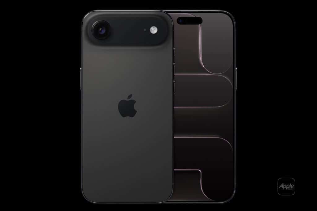 Two iPhones are shown: one with its black back and Apple logo visible, the other featuring an iPhone 17 Air display test with a dark abstract wallpaper of rounded shapes. Both phones are set against a black background.