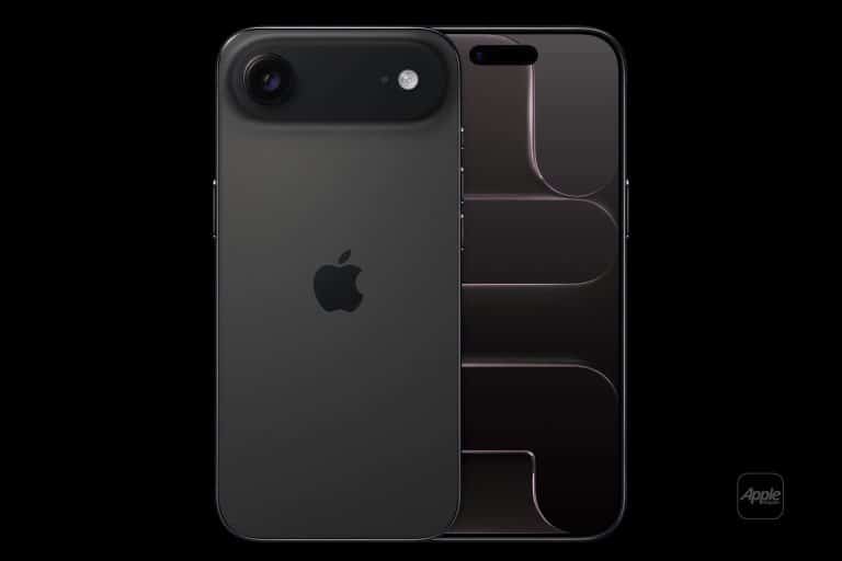 Two iPhones are shown: one with its black back and Apple logo visible, the other featuring an iPhone 17 Air display test with a dark abstract wallpaper of rounded shapes. Both phones are set against a black background.
