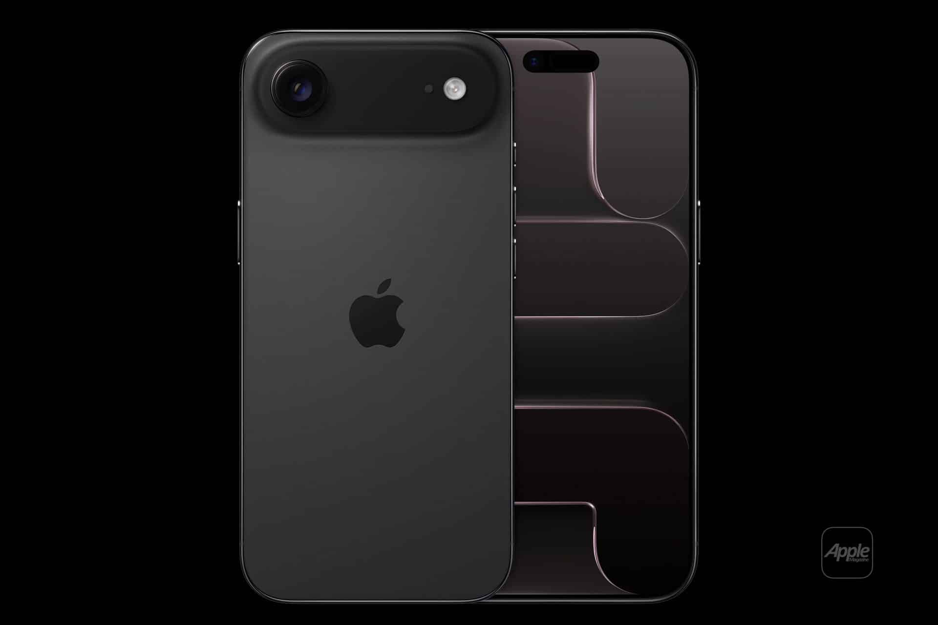 Two iPhones are shown: one with its black back and Apple logo visible, the other featuring an iPhone 17 Air display test with a dark abstract wallpaper of rounded shapes. Both phones are set against a black background.