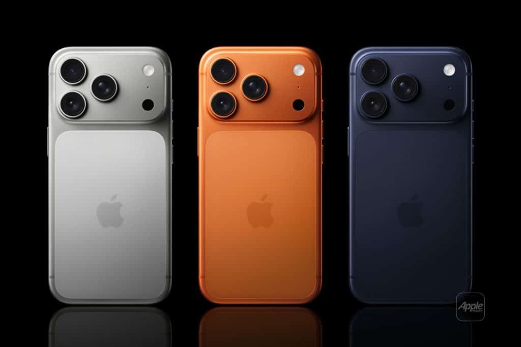Three Apple iPhones are shown from the back in silver, orange, and dark blue, each featuring three camera lenses and the Apple logo—an ideal lineup for Belgian consumers interested in Lyca Mobile eSIM or new iPhone contracts.