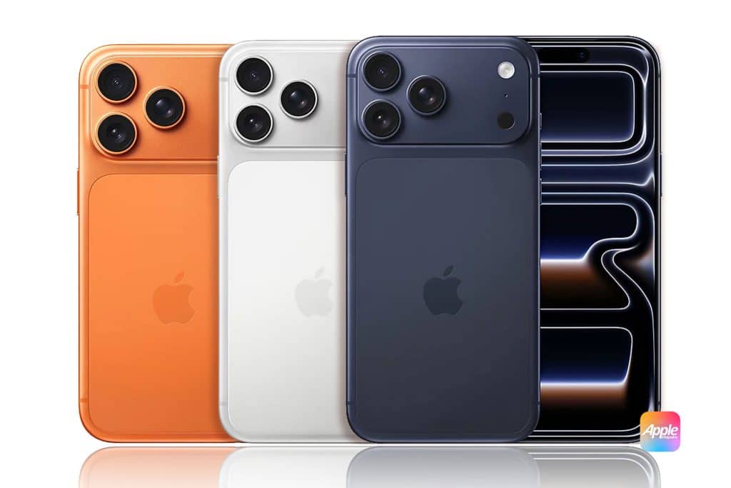 Four iPhones are displayed: orange, silver, and dark blue models show their backs with triple cameras, while the fourth phone displays a black screen with white light patterns. Lyca Mobile eSIM is available for Belgian consumers. An Apple logo is in the bottom right corner.