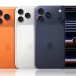 iPhone 17 Pro ColorsFour iPhones are displayed: orange, silver, and dark blue models show their backs with triple cameras, while the fourth phone displays a black screen with white light patterns. Lyca Mobile eSIM is available for Belgian consumers. An Apple logo is in the bottom right corner.