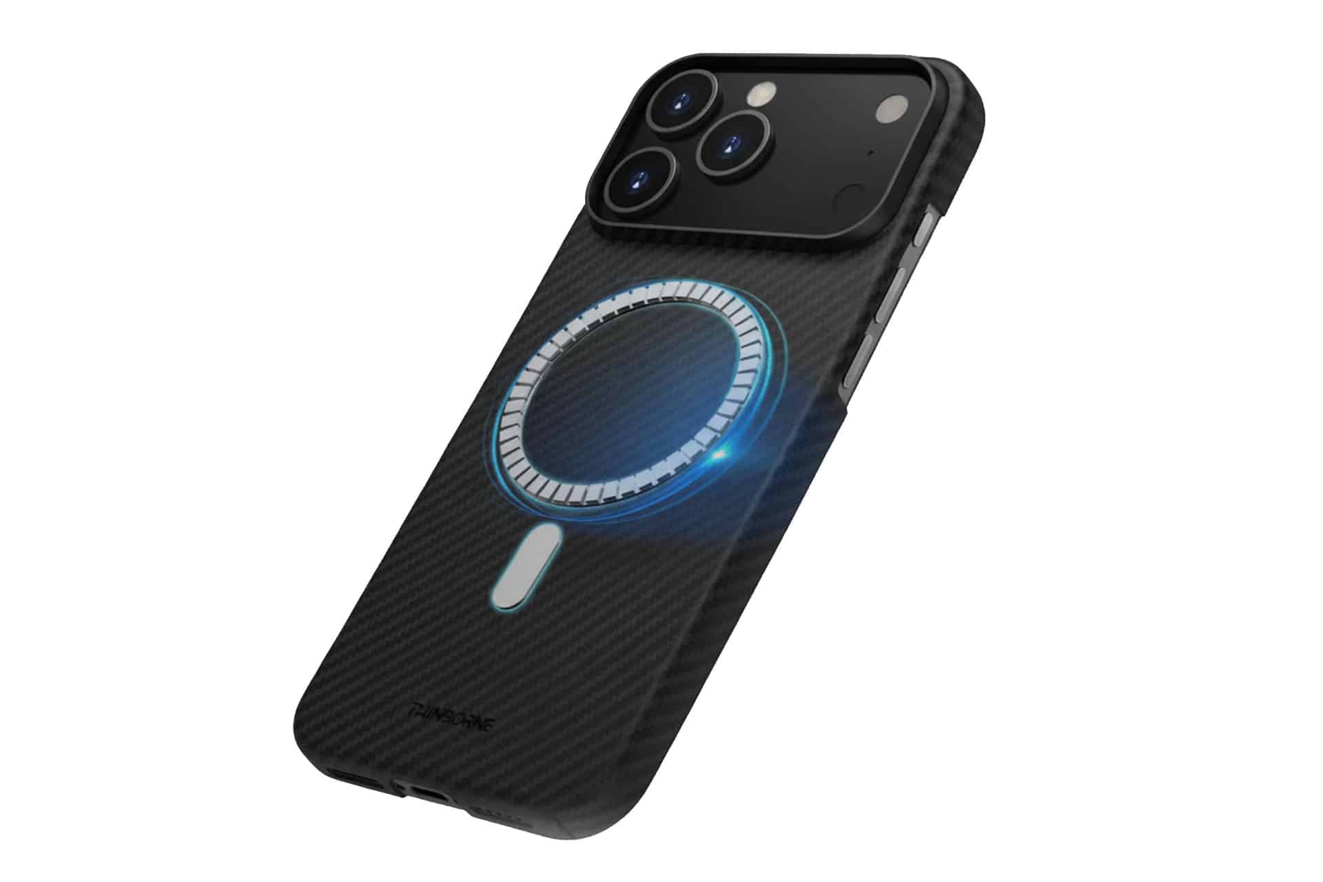 A black textured Thin iPhone 17 Pro Max Case features a circular MagSafe charging alignment graphic around a blue glowing light, perfectly fitted on a smartphone with three camera lenses.