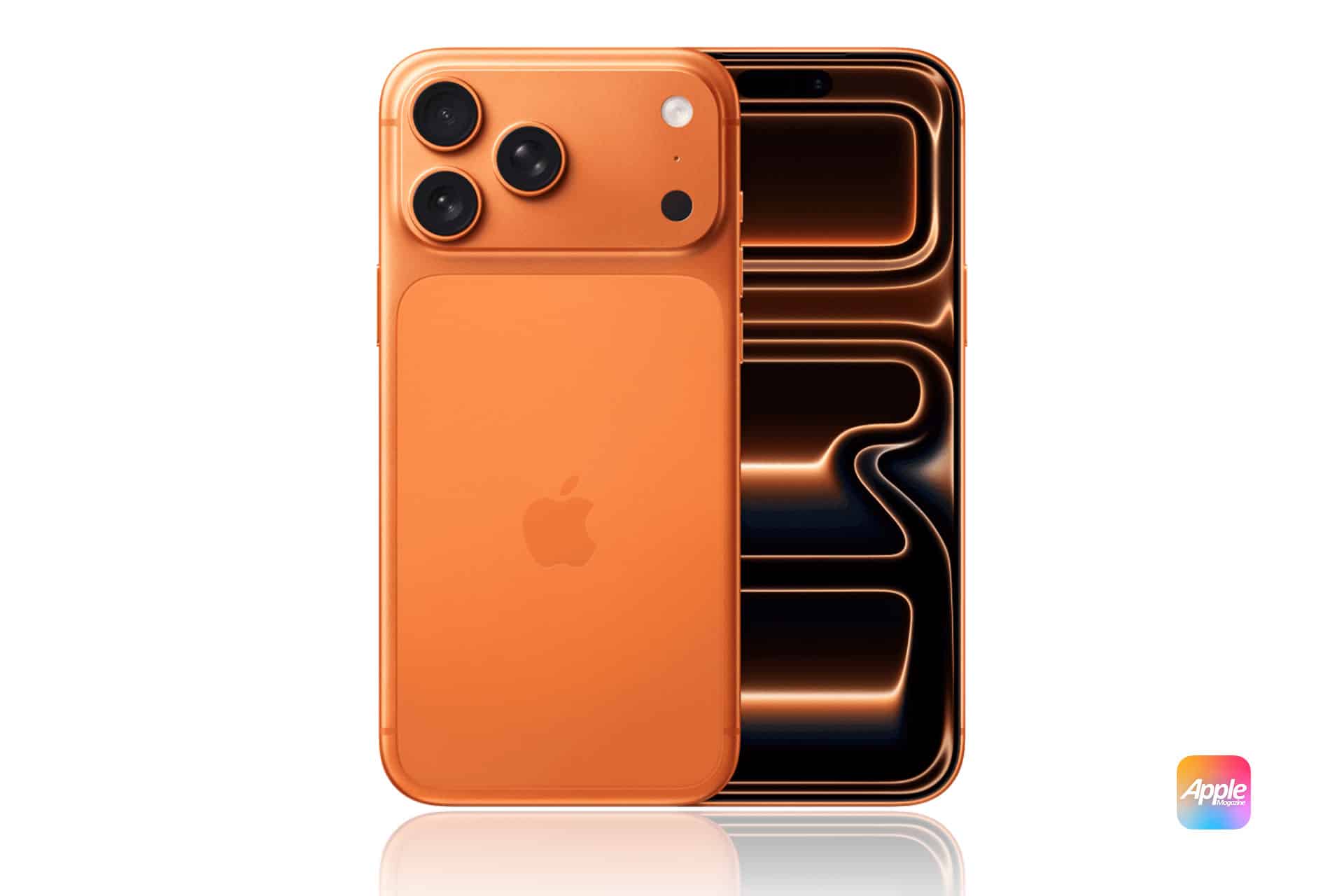 An orange smartphone, resembling an iPhone, is shown with both its front and back visible. The screen glows with an abstract pattern, and a small, colorful Apple logo appears—ideal for Belgian consumers exploring iPhone contracts or Lyca Mobile eSIM.