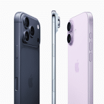 Three iPhones are shown from different angles: two dark-colored models with triple rear cameras on the left and center, and a light purple model with dual cameras on the right, highlighting the iPhone Air lineup position against a white background.