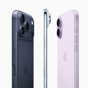 Three iPhones are shown from different angles: two dark-colored models with triple rear cameras on the left and center, and a light purple model with dual cameras on the right, highlighting the iPhone Air lineup position against a white background.