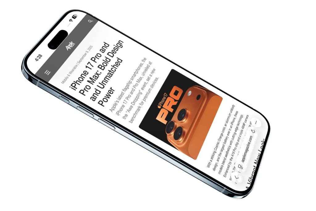 A smartphone advertises an article titled "iPhone 17 Pro and Pro Max: Bold Design and Unmatched Power," showing an image of an orange iPhone with three camera lenses.