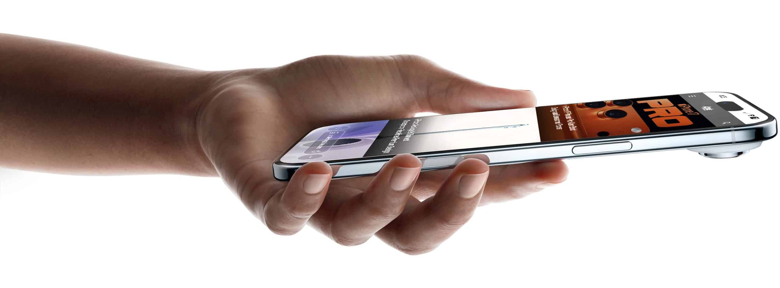 A hand holds a modern smartphone horizontally, displaying colorful app tiles and articles—some of which advertise products. The phone features a metallic edge and a prominent camera bump.