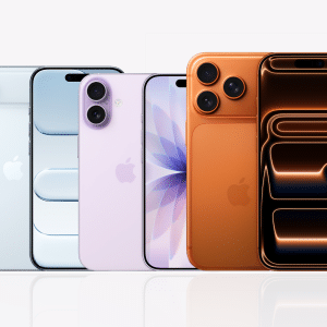 Five iPhones in blue, white, purple, and orange stand side by side, showing their backs and fronts. The orange iPhones feature distinctive triple cameras and glowing display graphics as the iPhone 17 outsells iPhone 16.