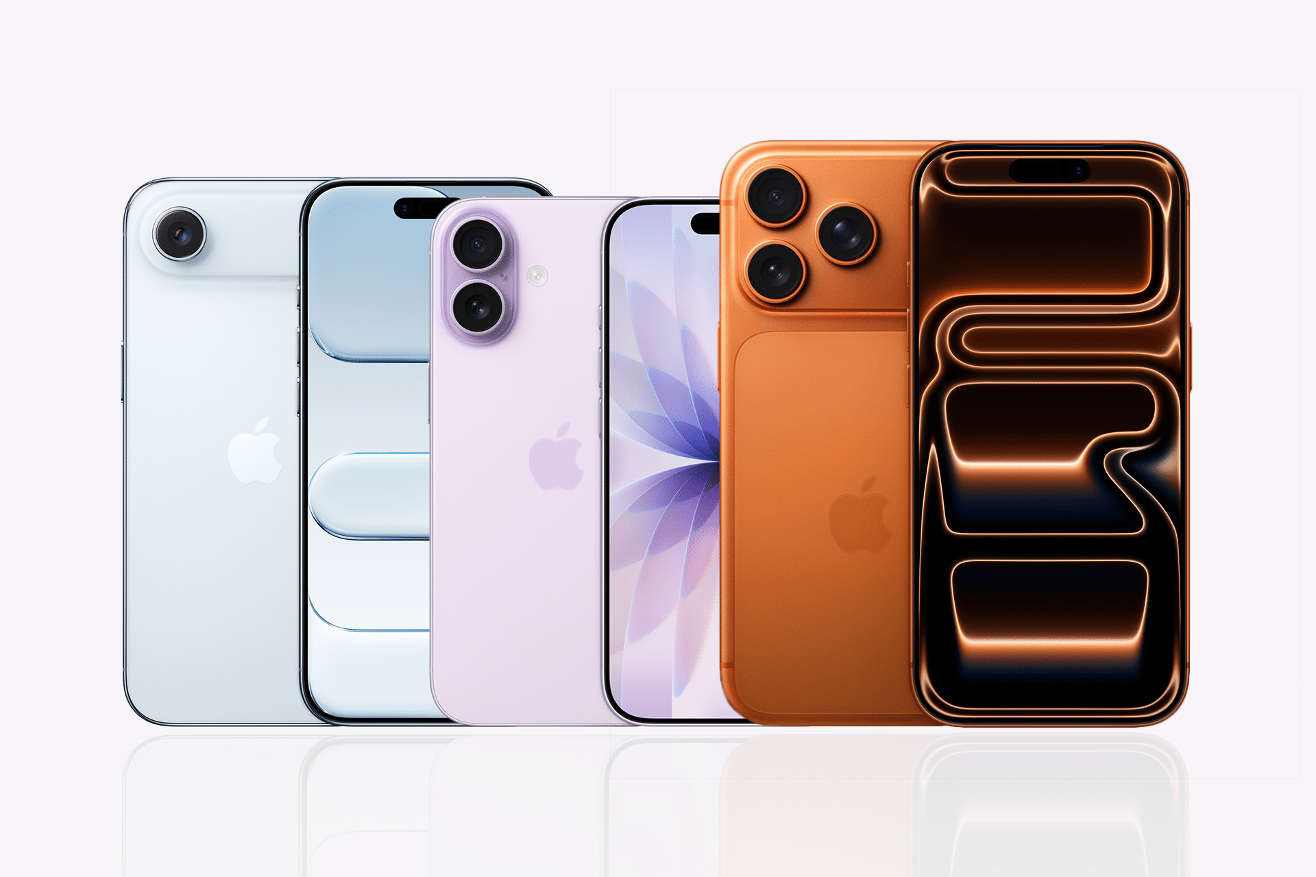 Five iPhones in blue, white, purple, and orange stand side by side, showing their backs and fronts. The orange iPhones feature distinctive triple cameras and glowing display graphics as the iPhone 17 outsells iPhone 16.