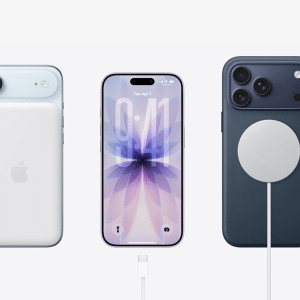 Three iPhones are displayed: the left shows the back with a white MagSafe battery, the center shows the front home screen, and the right displays a blue MagSafe charger—highlighting why iPhone 17 outsells iPhone 16 in innovative accessories.