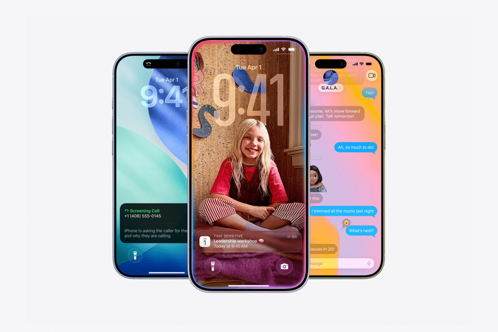 Three iPhones are displayed side by side, each highlighting unique features: call screening, a lock screen with a girl smiling, and colorful messaging—showcasing why the iPhone 17 outsells iPhone 16 with its engaging user experience.