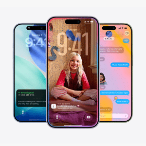 Three iPhones are displayed side by side, each highlighting unique features: call screening, a lock screen with a girl smiling, and colorful messaging—showcasing why the iPhone 17 outsells iPhone 16 with its engaging user experience.