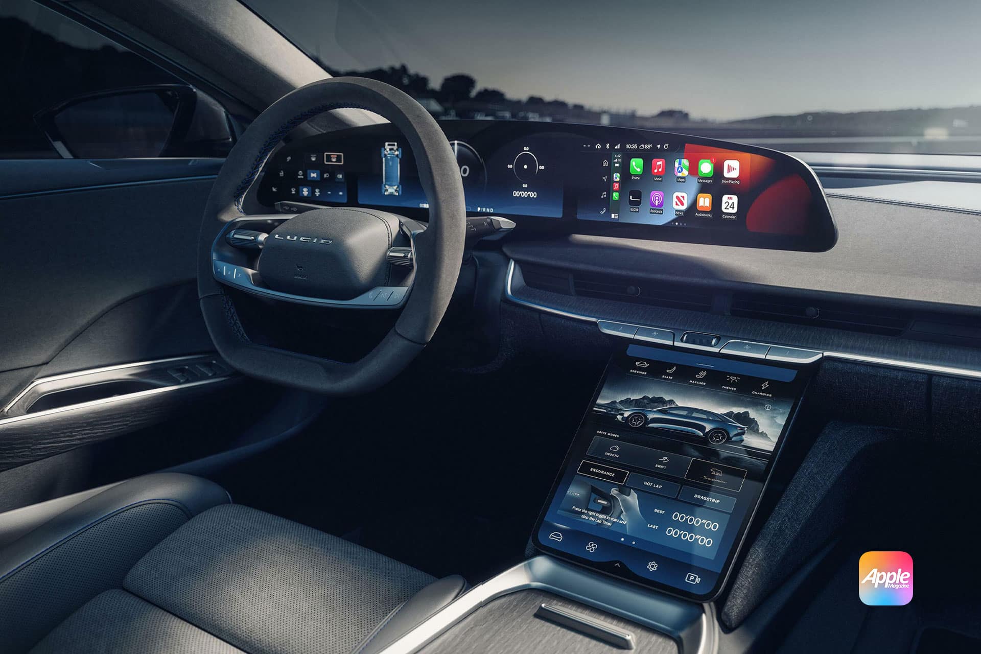 Modern electric car interior featuring a digital dashboard, steering wheel, and large touchscreens displaying controls, navigation, and apps. The Apple CarPlay interface is visible on the central display.