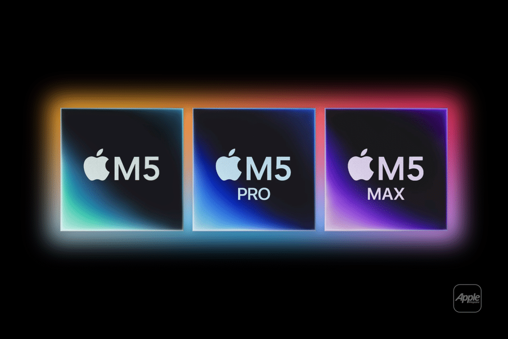 Three Apple chip icons—"M5," "M5 Pro," and "M5 Max"—are shown side by side with vibrant gradient backgrounds, set against a black backdrop and a subtle Apple logo, celebrating the Apple M5 chip debut.
