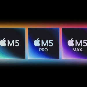 Three Apple chip icons—"M5," "M5 Pro," and "M5 Max"—are shown side by side with vibrant gradient backgrounds, set against a black backdrop and a subtle Apple logo, celebrating the Apple M5 chip debut.