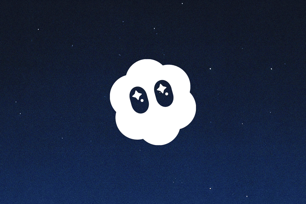 A white, cartoon-style cloud with two starry eyes is centered on a dark blue night sky background with scattered stars, celebrating the Sora iOS launch.