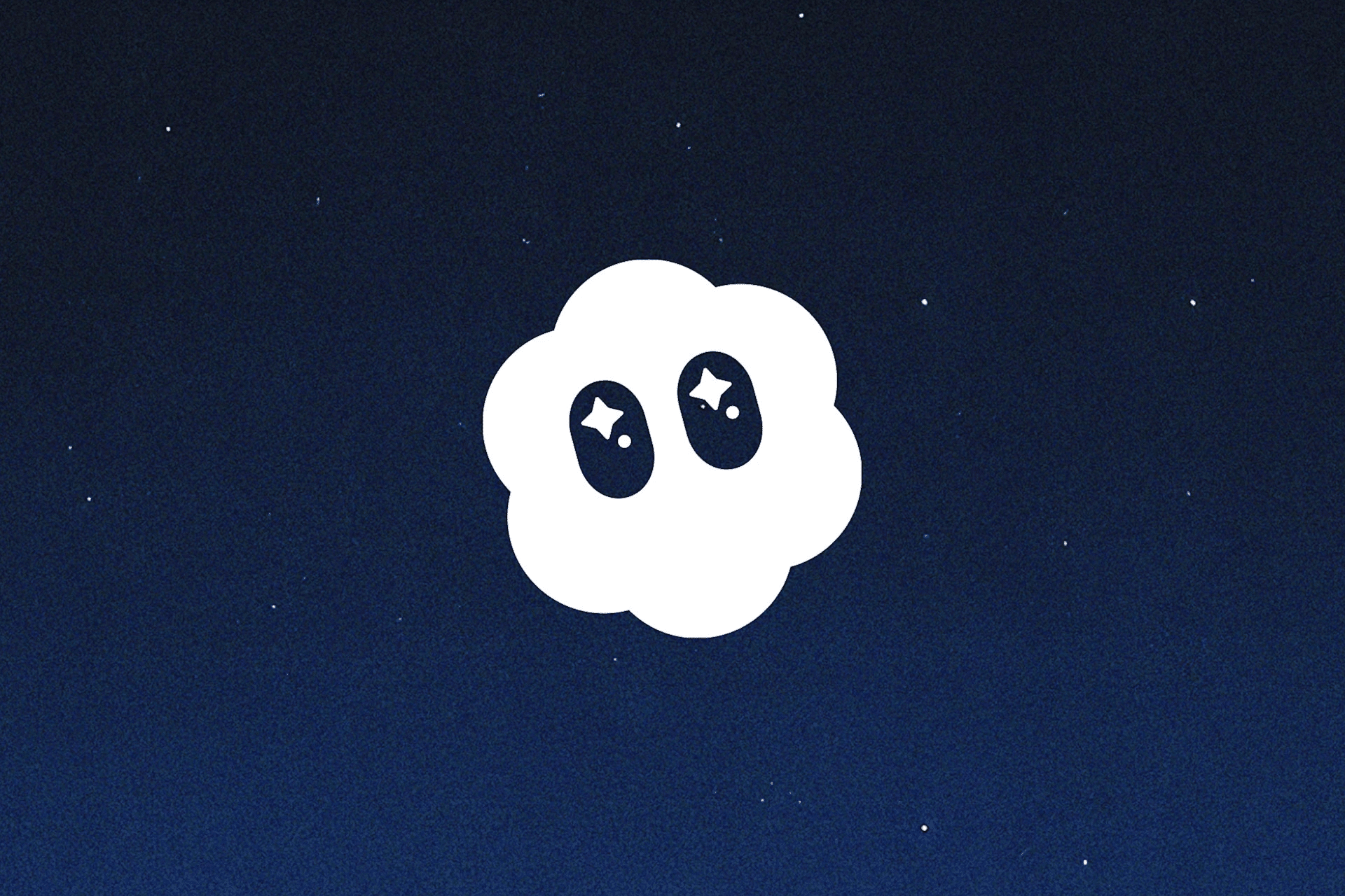 A white, cartoon-style cloud with two starry eyes is centered on a dark blue night sky background with scattered stars, celebrating the Sora iOS launch.