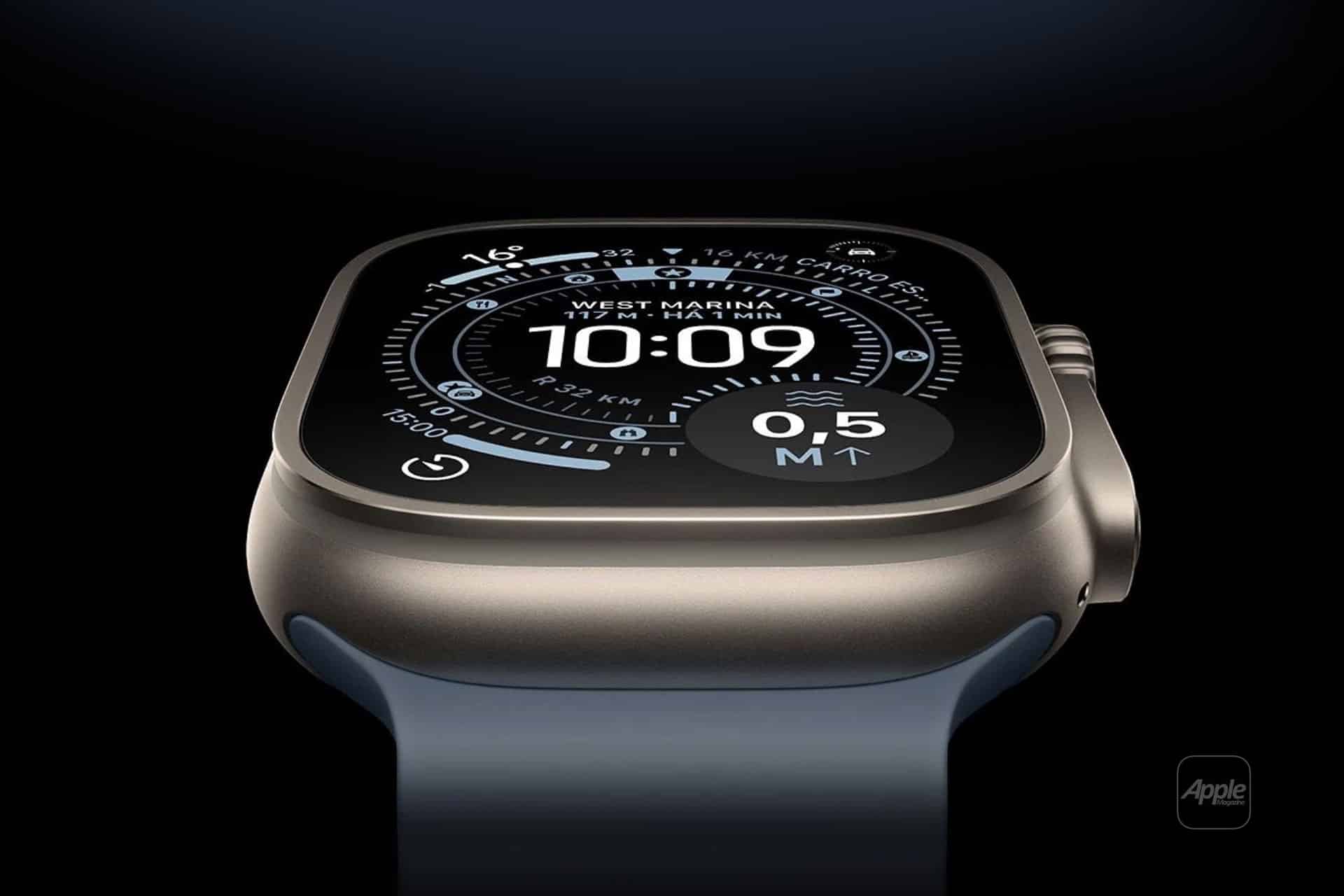 A close-up of a modern smartwatch with a square face displaying time, steps, temperature, and distance metrics on a black background. The sleek metallic frame and dark wristband evoke innovation reminiscent of Apple fourth-quarter results 2025.