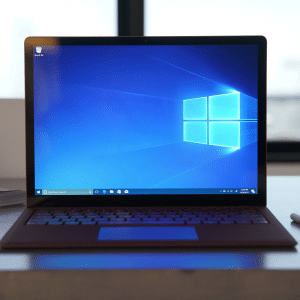 A laptop on a desk displays the Windows 10 home screen, hinting at an upcoming Windows 10 end of life and a possible switch to Mac. Nearby are an open notebook, a pen, and books, with natural light streaming in through the window.