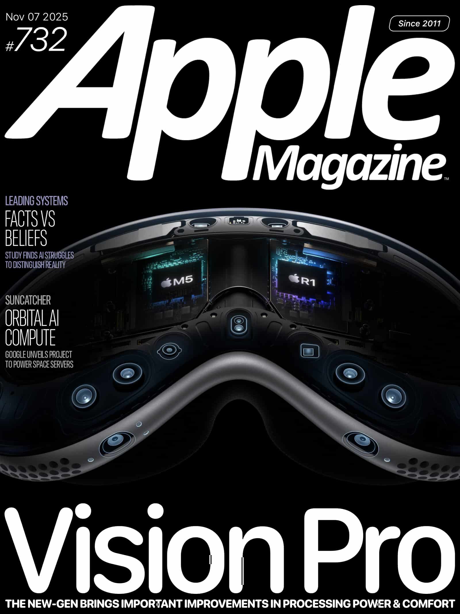 Close-up of the front of an Apple Vision Pro headset showing digital graphics of M2 and R1 chips, with "Apple Magazine" and "Vision Pro" text on the cover. The magazine date is November 7, 2025, issue #732.