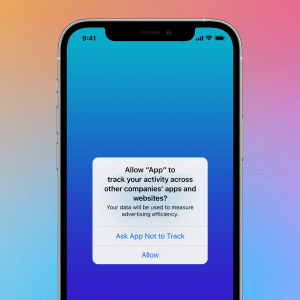 An iPhone screen displays an Apple App Tracking Transparency prompt, asking, "Allow 'App' to track your activity across other companies' apps and websites?" with options to "Allow" or "Ask App Not to Track" on a blue gradient background.