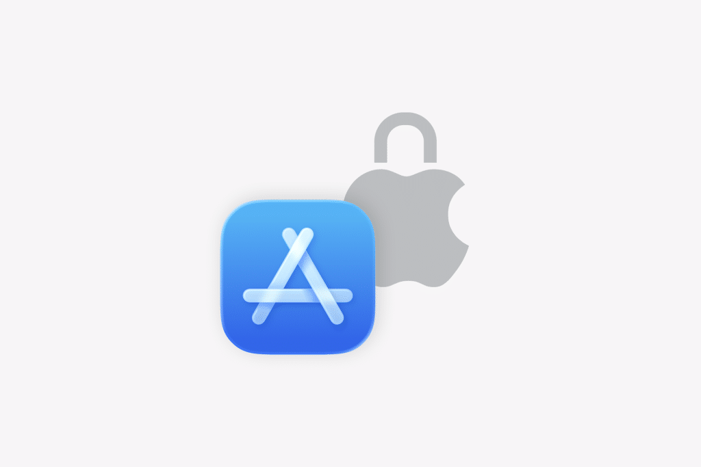 A blue App Store icon appears in front of a gray Apple logo with a padlock integrated into the top, suggesting security or privacy and highlighting strict App Store Rules on AI and Personal Data Sharing.