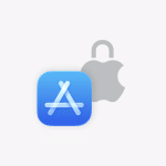 A blue App Store icon appears in front of a gray Apple logo with a padlock integrated into the top, suggesting security or privacy and highlighting strict App Store Rules on AI and Personal Data Sharing.