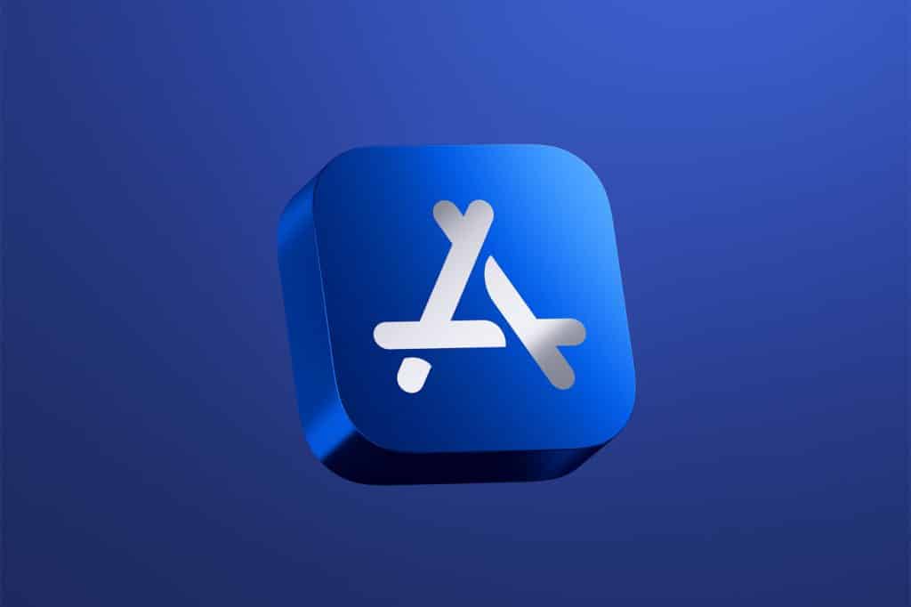 3D blue square icon with the white Apple App Store logo, featuring a stylized "A" made from three tools, set against a gradient blue background—perfect for representing the Apple web-based App Store.