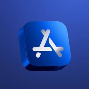 3D blue square icon with the white Apple App Store logo, featuring a stylized "A" made from three tools, set against a gradient blue background—perfect for representing the Apple web-based App Store.