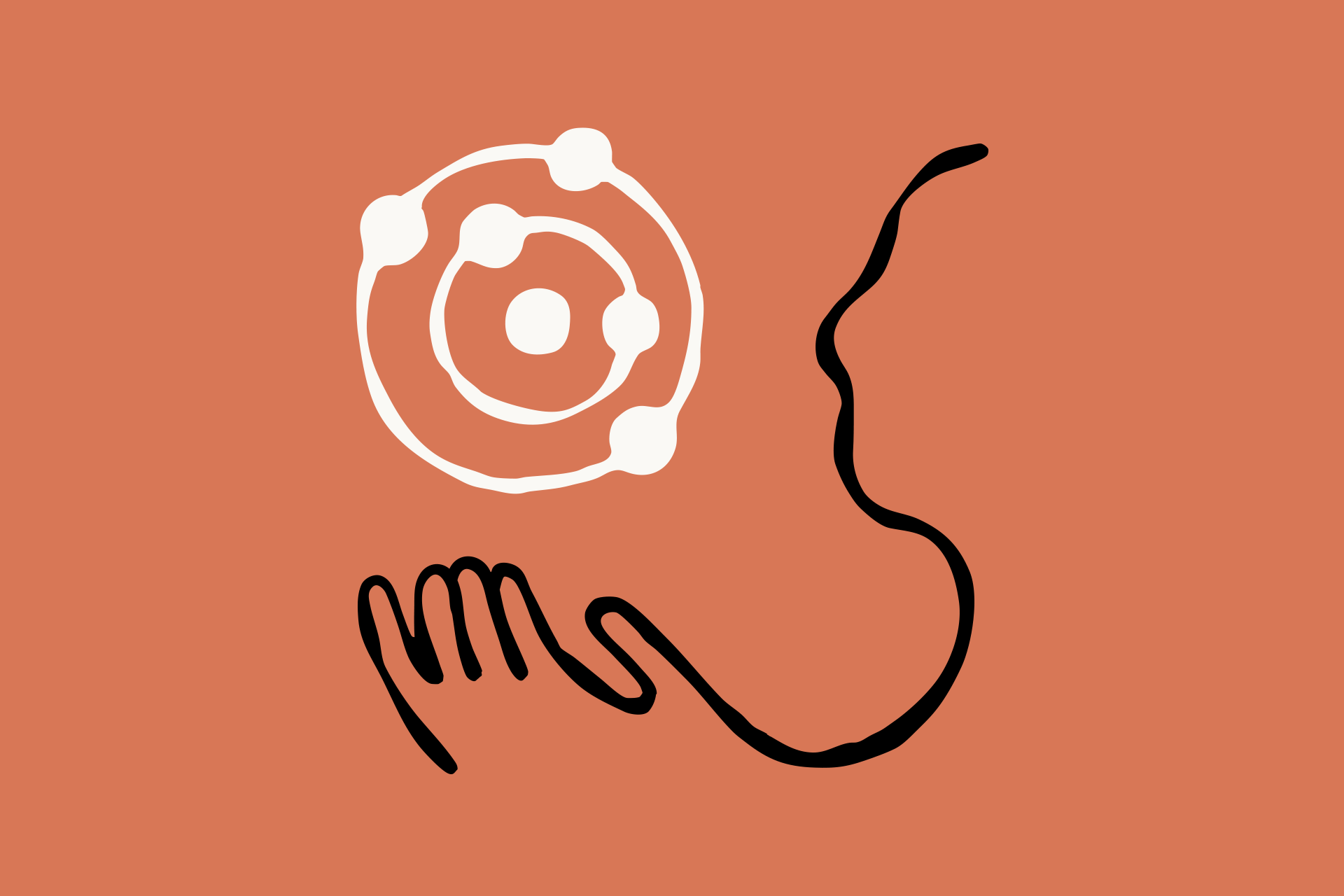 A minimalist illustration of a person’s profile and hand, outlined in black, reaching toward a white atom-like structure on a solid rust-colored background—an artistic nod to the intelligence behind Claude Opus 4.5.