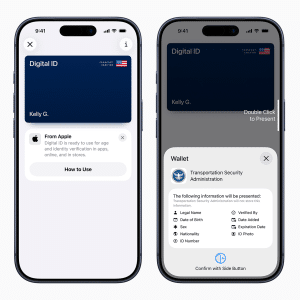 Two smartphones display an Apple Wallet digital passport. The left screen shows info about the digital ID, while the right reveals details for presenting it to the Transportation Security Administration.