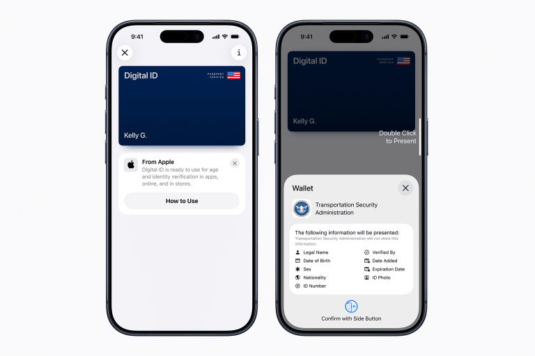Two smartphones display an Apple Wallet digital passport. The left screen shows info about the digital ID, while the right reveals details for presenting it to the Transportation Security Administration.